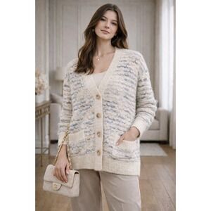 Calista Textured Knit Cardigan Sweater Beige Blue Tan M